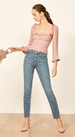 Reformation Pink Ruffle Square Neck‎ Blouse Long Sleeve Side Zip Top 12 / L thumbnail 1