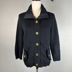 Ralph Lauren Classic Gold Button Cardigan Sweater Jacket Size L Black‎ Cotton thumbnail 6