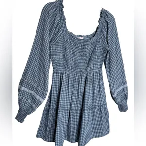 American Eagle Plaid Mini Dress Smocked Long Sleeve Square Neck Gingham Babydoll thumbnail 3