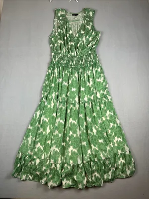 Anthropologie Current Air Green/White Floral Maxi smocked Dress Size: Medium thumbnail 1