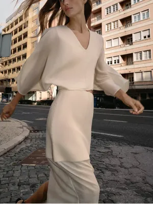 Zara NWT SET Cream V-Neck Balloon Sleeve Top & Skirt thumbnail 2