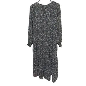 Bohme Navy Blue Floral Tiered Midi Dress Long Sleeve Smocked Cuffs Womens Size M thumbnail 2