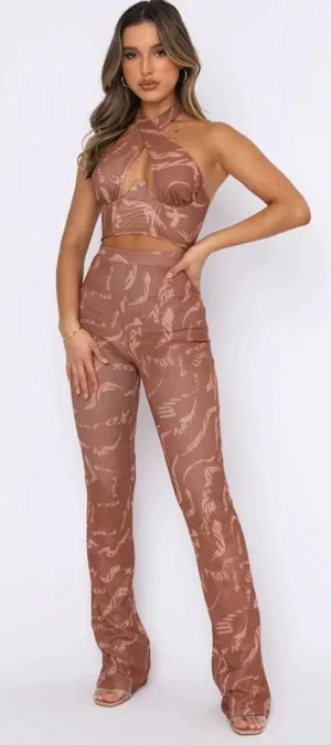 White Fox Boutique Find My‎ Own Way Pants Cappuccino Whirl Print Medium thumbnail 1