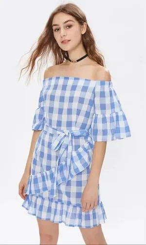 ✨HP✨Bardot Tie Waist Grid Ruffle Trim Dress✨ thumbnail 1