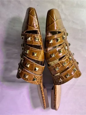 Vince Camuto Cognac Braided Leather Slide Mules with Gold Studs thumbnail 5