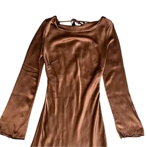 By Anthropologie Women’s Long Bell Sleeve Cowl Neck Satin Brown Mini Dress XS thumbnail 3