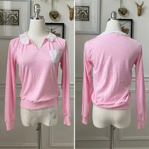 Vintage 70s Pink Top White Eyelet Lace Peter Pan Collar XS thumbnail 2