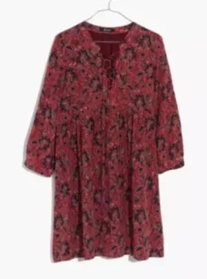 Madewell Size Large 100% Silk Assam Floral Babydoll Dress LaceUp Fall Rust Print thumbnail 1