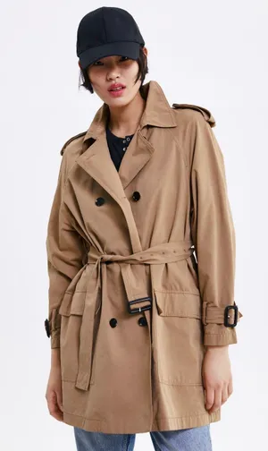 Belted Double Breasted Short Trench Coat Jacket Classic Camel Beige thumbnail 1