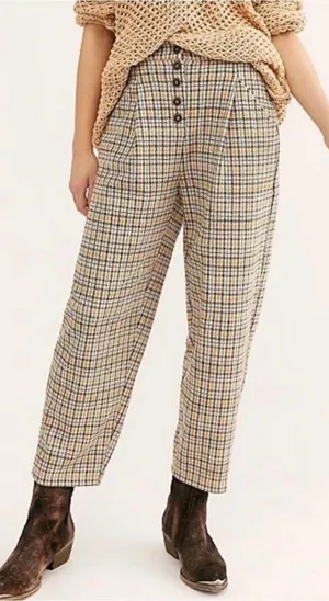 Free People Posey Plaid High Waisted Pleated Carrot Trousers Pants Yellow thumbnail 1