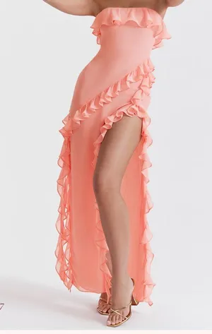 House of CB Sarina Peach Ruffle maxi Dress size large thumbnail 4
