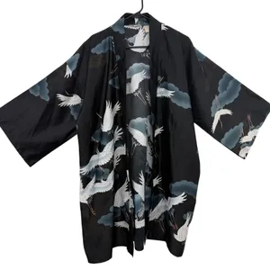 Marukyo Kimono Womens OS Black Crane Cloud Print Open Front Wide Sleeve Robe thumbnail 1