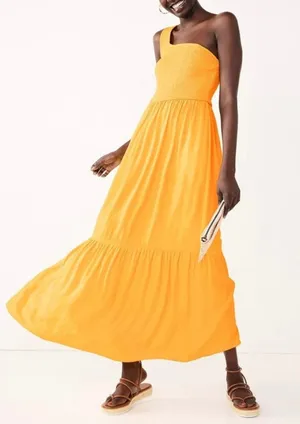 Nine West One‑Shoulder Yellow Smocked Maxi Dress SzL thumbnail 1