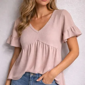 Altar’d State Blush Pink Waffle Knit Babydoll Ruffle Sleeve Top Sz M thumbnail 1