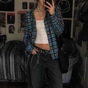 American Eagle Oversized Grunge Plaid Flannel Shirt Women's Large Blue‎ thumbnail 10