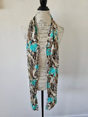 Vintage 80s Abstract Brushstroke Oblong Scarf Turquoise Tan Brown Black 7x80​ thumbnail 2