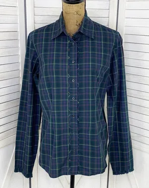 Tommy Hilfiger Plaid Ruffle Cuff Trim Button Front‎ Shirt Green Navy Medium thumbnail 1