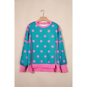 Polka Dot Contrast Patchwork Round Neck Baggy Sweatshirt - XL thumbnail 7