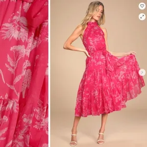 LULU's Floral Sexy Flowy Chic Halter Neck Modern Hot Pink Midi Dress NWOT thumbnail 2
