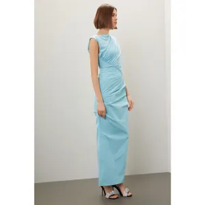Paris Georgia Kaya Light Blue Ruched Sleeveless Maxi Dress Size S thumbnail 3