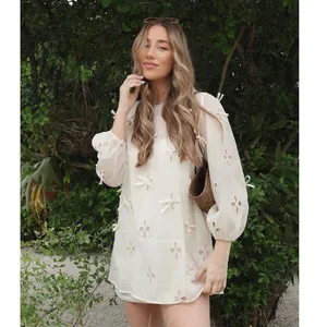 Lulus Aamira Cream Embroidered Bow Blouson Sleeve Shift Mini Dress size S NWOT thumbnail 3