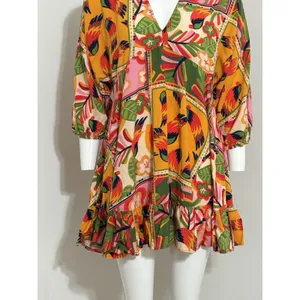 Tropical Patchwork Parrot Mini Dress Boho Resort Farm Rio Style Swim Cover S thumbnail 3