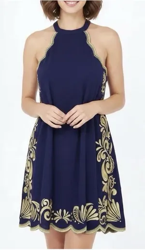 Lilly Pulitzer XS Quinn Dress Navy‎ Gold Gypset Swirl Dress Embroidered thumbnail 1