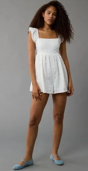 American Eagle White Flutter Sleeve Babydoll Smocked Romper Sz.L thumbnail 1