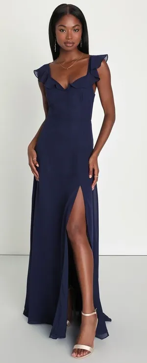 NWT Lulus Lulus Sweetest Entrance Navy Blue Ruffled Tie-Back Maxi Dress Gala L thumbnail 1
