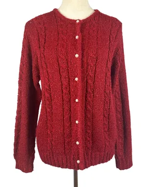 Jennifer Moore Red Knit Cardigan Sweater Pearl Button Front Womens‎ Medium thumbnail 1