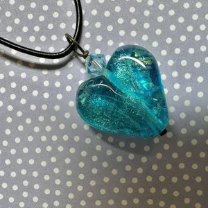 Blue glass heart pendant necklace sterling silver clasp on cord thumbnail 3