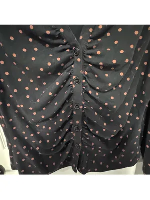 Maeve Anthropologie Ruched Button Front Top XL Black Tan Polka Dot Stretch thumbnail 4