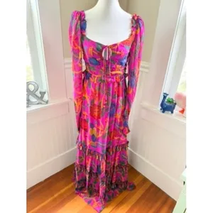 Farm Rio Sweet Forest Tiered Maxi Dress in Vibrant Pink Tropical Print Small thumbnail 2