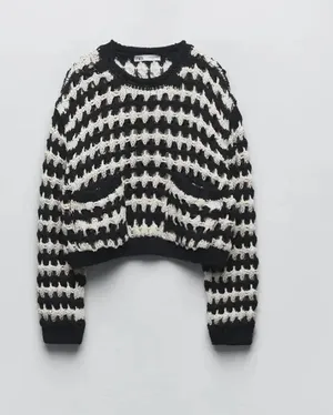 Zara Navy Black White Open Knit Striped Cropped Sweater Chunky Crochet Pullover thumbnail 1