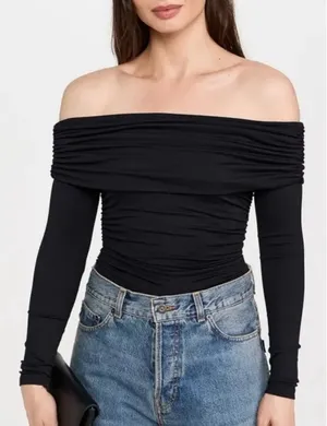 NEW Reformation Florentina Black Draped Off Shoulder Knit Top Women’s Size Large thumbnail 1
