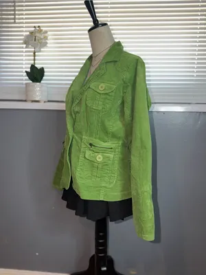 Paris Blues Lime Green Corduroy Fitted Utility Blazer Jacket Y2K L thumbnail 3