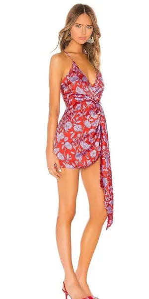 Revolve Lovers + Friends Kamala Mini Dress Medium Red Purple Floral Satin Draped thumbnail 8