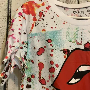 On Fire Red Lip multicolor Top with Fringe cut large statement style short sleeve shirt thumbnail 11