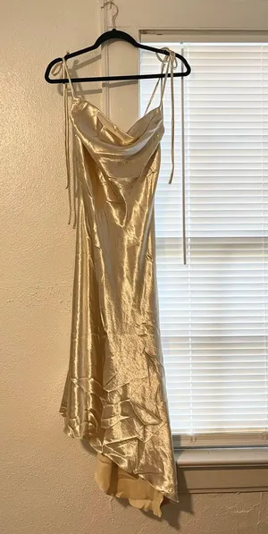 Boutique Gold Satin Asymmetrical Hem Dress thumbnail 3