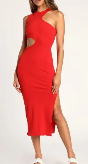 Red Asymmetrical Cutout Bodycon Midi Dress thumbnail 1