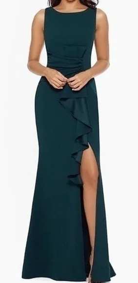 Betsy & Adam. Christine Scuba Crepe Ruffled‎ Bow Gown. thumbnail 1