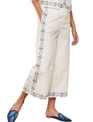 New Foxiedox Embroidered Cropped Pants Spellgirl Culottes White Blue Size Medium thumbnail 1