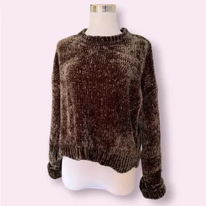 Zara Cropped olive brown chenille oversized wide crew neck sweater M thumbnail 5