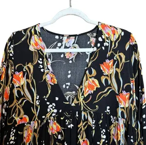Free People Meadow Lark Womens Medium Floral Black Oversized Long Sleeve Blouse thumbnail 2