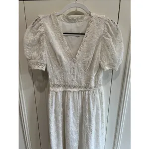 Womens White Lace Overlay Midi Dress Size Small Puff Sleeve Cottagecore Coquette thumbnail 2