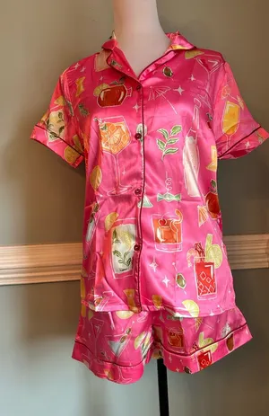 Women's Pink Satin Short Pajama Set with Cocktail Print thumbnail 1