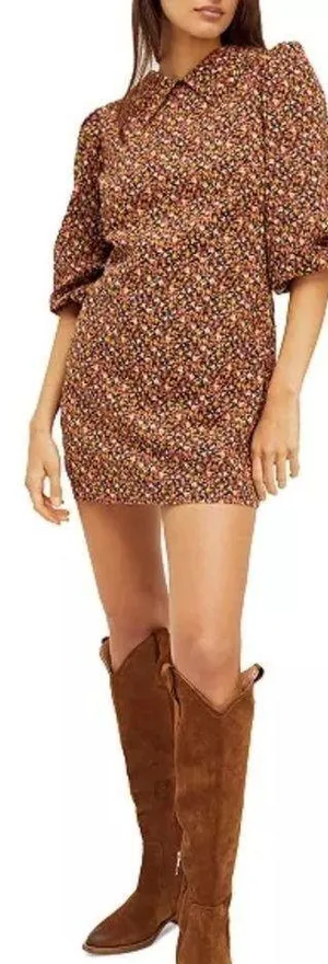 Free People Brown Printed Floral Sheath Mini Dress Small 3/4 Sleeves Collared thumbnail 1