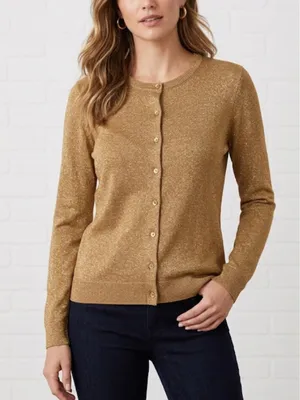 Charter Club Gold Metallic Thread Knit Cardigan Sweater Size L thumbnail 1