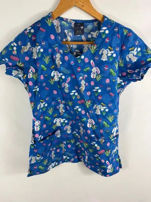 Zoe + Chloe Easter Bunny Short Sleeve Blue Scrub Top Size XS thumbnail 1