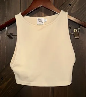 PRINCESS POLLY‎ Sz 2 Tan Beige Ribbed Sleeveless Crop-Length Tank Top thumbnail 1